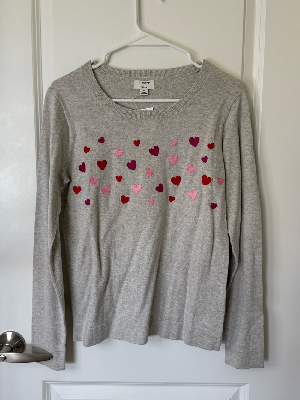 J. Crew Light Gray Crewneck Sweater with Pink and Red Heart Appliqués